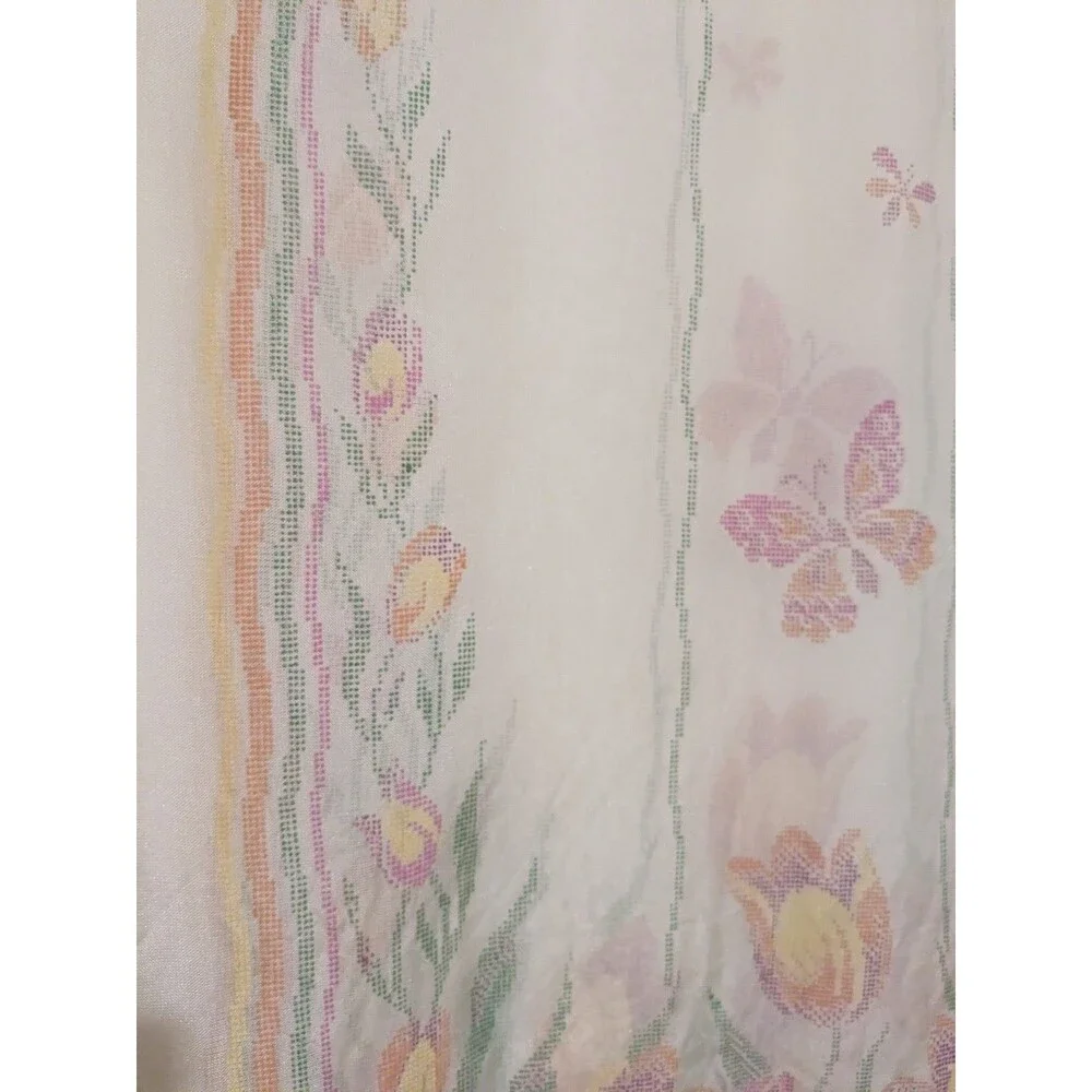 Vintage 60s Pale Yellow Butterfly Tulip Floral Oblong Scarf Sheer